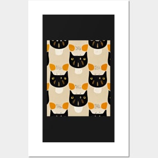 Cute Cat Pattern Abstract, Warm Colors Retro 70's Art, Black White Orange Cats Repeating Pattern Posters and Art